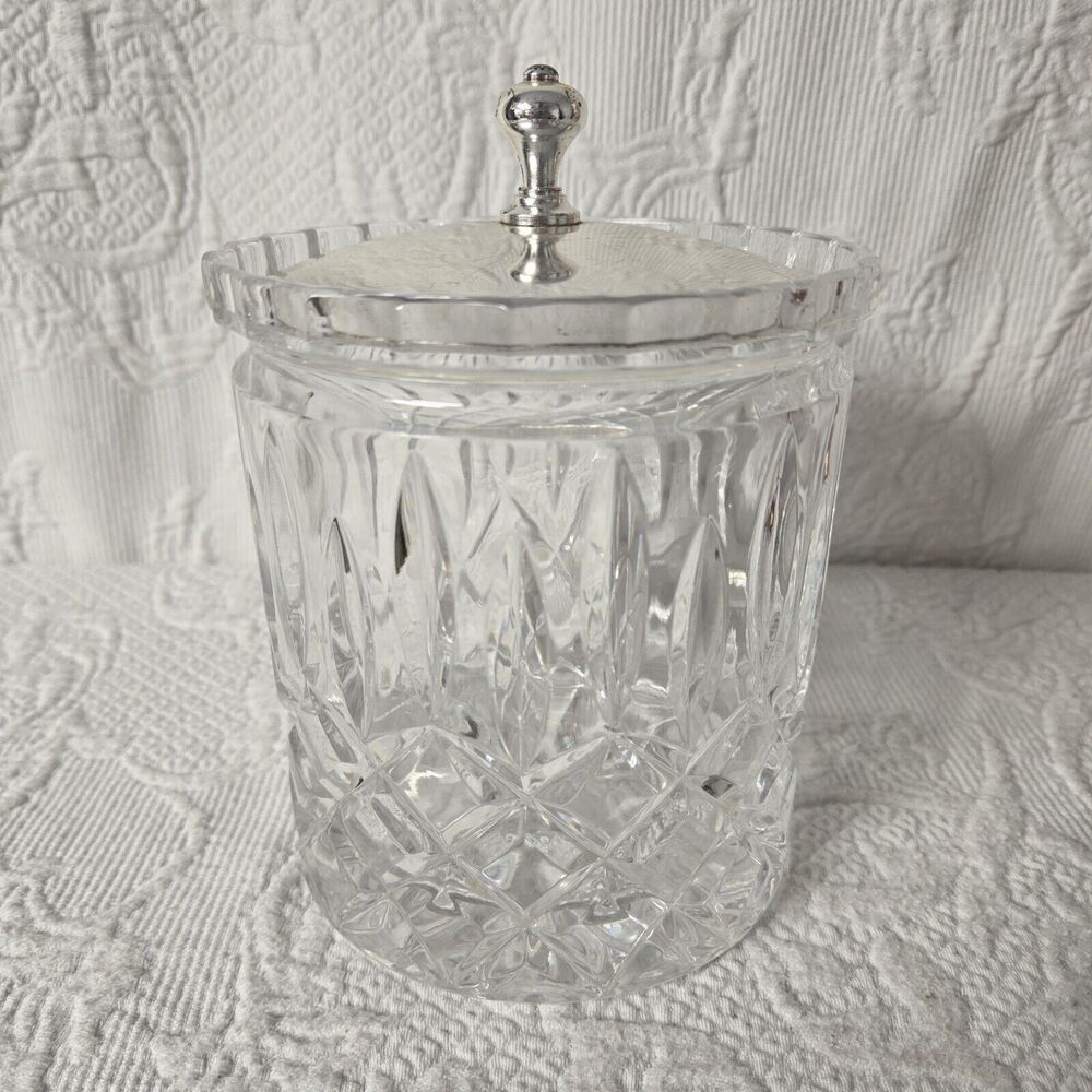 Vintage Crystal Clear Metal Covered Jar ~ Diamond Pattern Retro